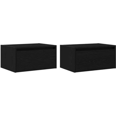 Image of vidaXL Wall Mounted Bedside Cabinets Black Oak LED Nightstand, Floating Modern, Bedroom Storage