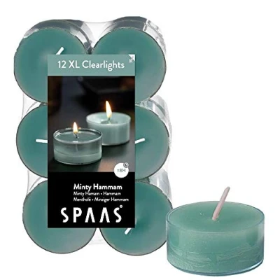 Image of Spaas 12 Maxi Scented Tealights in Transparent Clear Cup, 8 Hours, Minty Hamman