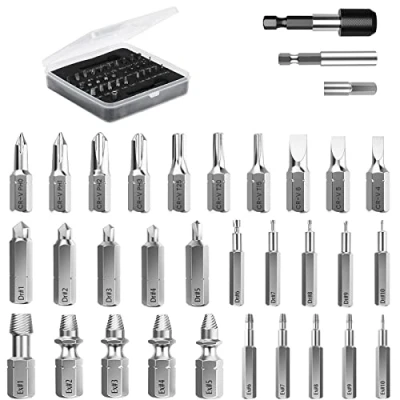 Image of Nuovoware Damaged Screw Extractor Set, Upgraded 33 PCS Easy Out Stripped Kit, All Purpose HSS Broken Remover Set with 2 Magnetic Extension Bit Holder &amp; Socket Adapter