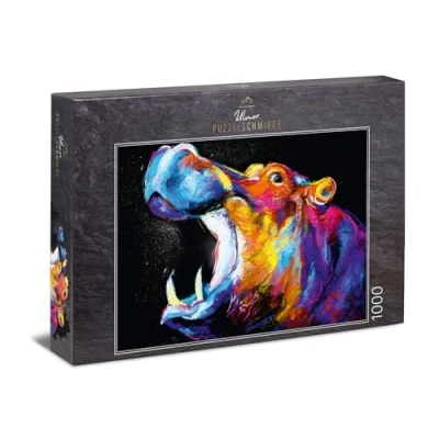 Image of Ulmer Puzzleschmiede puzzle &quot;Funky Hippo&quot;: 1000 pieces jigsaw Colorful artistic hippo drawing on black background