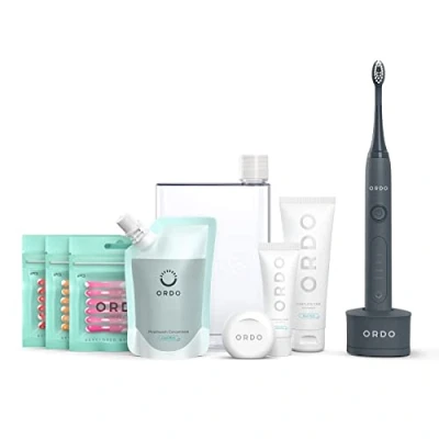 Image of Ordo Sonic Electric Toothbrush &amp; Starter Kit Mouthwash Toothpaste Dental Floss Interdental Brushes Vegan Alcohol Free Fresh 4 Brushing Modes Rechargeable Battery Adults Black Charcoal Grey