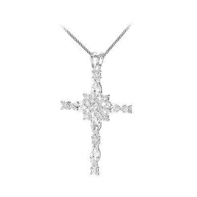Image of Tuscany Silver Women&#039;s Sterling White Cubic Zirconia 22 x 37 mm Cross Pendant Curb Chain Necklace of Length 46 cm/18 Inch