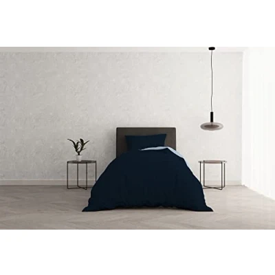 Image of Italian Bed Linen Duvet Cover Set “Natural Doubleface Solid Colour Bag Sheet and Pillowcase, Dark Blue/Light Blue, Single