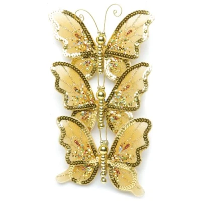 Image of Festive Productions 100 mm Glittered Sheer Clip on Butterflies Tree Trims, Pack of 3, Gold