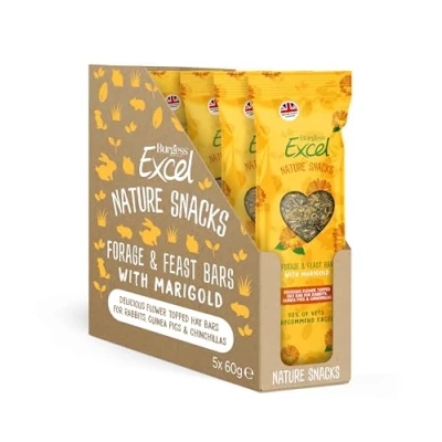 Image of Burgess Excel Forage &amp; Feast Bar With Marigold, Nature Snacks, Delicious Flower Topped Hay Bars 300g. Healthy Treats for Rabbits, Guinea Pigs Chinchillas (5 Packs of 60g)