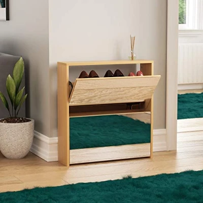 Image of Vida Designs Welham 2 Drawer Mirrored Shoe Cabinet, Hallway Cupboard Storage Organiser, Footwear Stand Rack, Wood Sideboard Unit, Oak