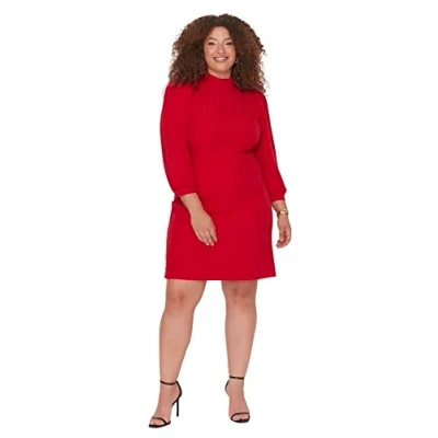 Image of Trendyol Women&#039;s Woman Plus Size A line Standing Collar Woven Dress, Red, 50 UK