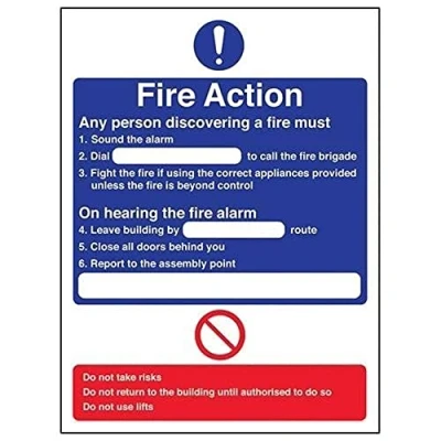 Image of V Safety 12001AN S General Fire Action Dial Sign Portrait 150mm x 200mm Self Adhesive Vinyl, Blue/Red
