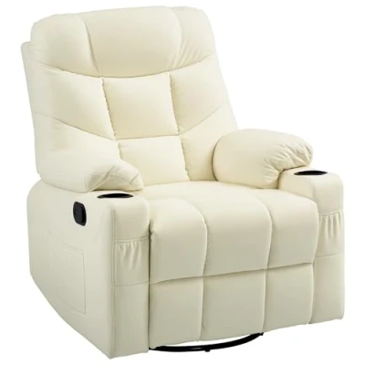 Image of HOMCOM Recliner Armchair, Swivel PU Leather Manual Reclining Chair with Adjustable Leg Rest, Drink Holders, Side Pockets, for Home Living Room, Cream White