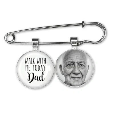 Image of GuteGifts Personalised Wedding Bouquet Photo Bridal Charm With Lapel Pin Bride Remembering the Father of Boutonniere Custom Memory Memorial Keepsake Quote Dad Walk Me (White)