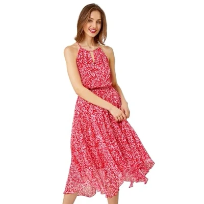 Image of Roman Womens Halterneck Abstract Asymmetric Midi Dress Red Size 18 UK