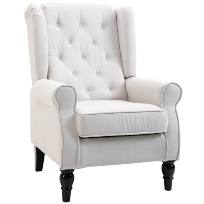 Image of HOMCOM Retro Accent Chair, Wingback Armchair with Wood Frame Button Tufted Design for Living Room Bedroom, Cream White
