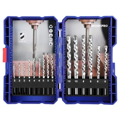 Image of WORKPRO 15 Pieces Masonry Drill Bit Set with Case, Hammer Set, Carbide Tip Bits for Concrete/Glass/Brick/Plastic/Cement/Tile