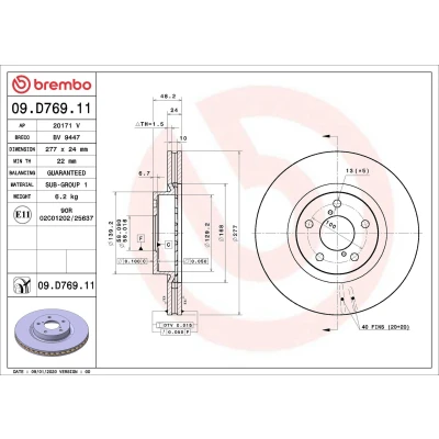 Image of 26300FL000 Brake disc BREMBO 09.D769.11 277mm 24mm 5 internally vented Coated SUBARU: XV II