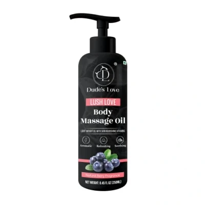 Image of Dude&#039;s Love Berry Edible Full Body Massage Oil Revitalising, Detoxifying &amp; No Stain Non Sticky Aromatherapy with Lime Juniper Essential 250 ML