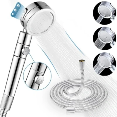Image of Handheld Shower Head, 3 Spray Modes High Pressure Head and 2m Hose Set, Powerful Heads to Increase Pressure, Water Saving Showerhead with 360 Degrees Rotating/Stop Button, Chrome