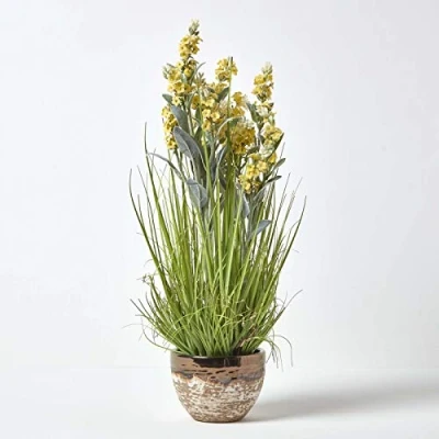 Image of HOMESCAPES Yellow Artificial Lavender Plant with Long Realistic Green Leaves Potted In a Brown &amp; White Ceramic Bowl, 66cm Tall for Indoor Decoration