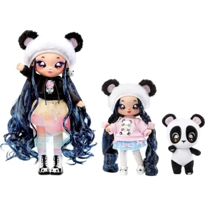 Image of Na Surprise Family Soft Doll Set of 3 with 2 Fashion Dolls and 1 Pet Toys for Kids Panda Long Hair Dolls, 12 Removable Accessories Outfits, Adorable Plush