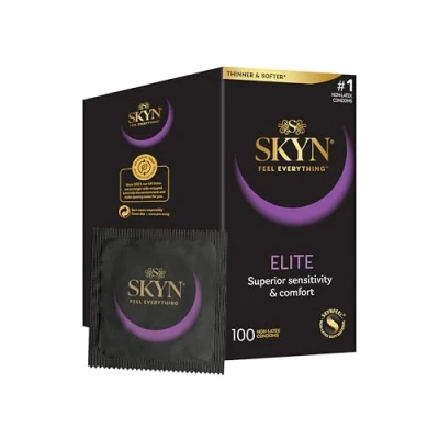 Image of SKYN Elite Condoms Pack of 100 / SKYNFEEL Latex Free for Men, Regular Size Condoms, Ultra Thin &amp; Soft Smooth Straight Shape, 53mm Wide