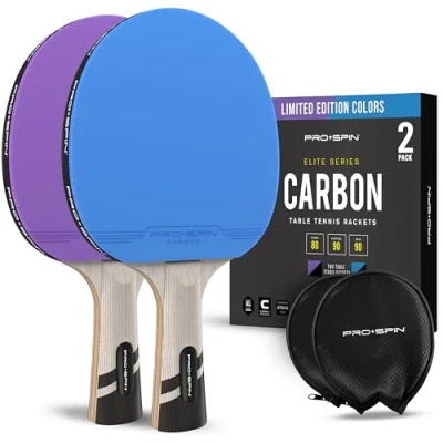 Image of Pro SPIN Table Tennis Bat(Blue/Violet) ITTF Approved Colour Premium Carbon Fibre Ping Pong Bat Professional Quality Racket 7 Ply Blade, Rubber, 2.0mm Sponge Rubber Protector Case for