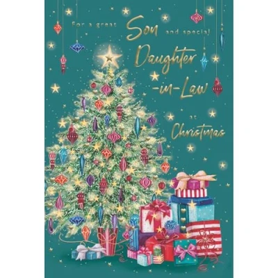 Image of ICG Son and Daughter In Law Christmas Card, Single Cards with a Decorative Tree Artistic Festive Design Special Finishes Xmas Envelope