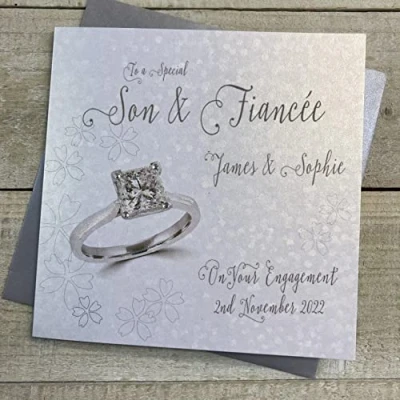 Image of WHITE COTTON CARDS PERSONALISED ENGAGEMENT CARD. ANY RELATION. SON &amp; FIANCÉE. SQUARE PRINCESS CUT RING DESIGN. Handmade (P22 99 S XP22 S)