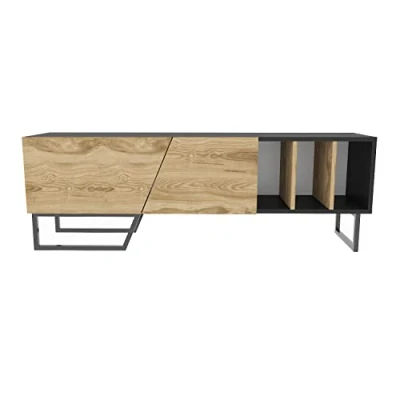 Image of DECOROTIKA Linossa Modern TV Stand Cabinet Unit Entertainment Centre with Metal Sturdy Legs, Open Shelves and Cabinets (Black Oud Pattern)