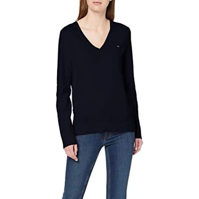 Image of Tommy Hilfiger Women&#039;s Heritage V neck Sweater Jumper, Blue (Midnight), XXS