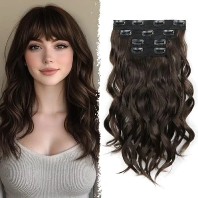Image of Clip In Hair Extension 14 Inch Wavy Synthetic Extensions (Color: Chestnut Brown Mix Brown)