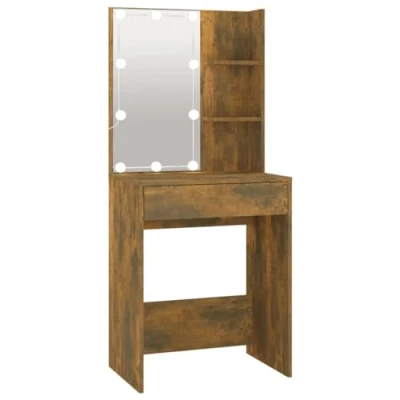 Image of vidaXL Smoked Oak Dressing Table with Ample Storage and LED Lights Moisture Resistant, Engineered Wood Construction Bedroom Cosmetic Station