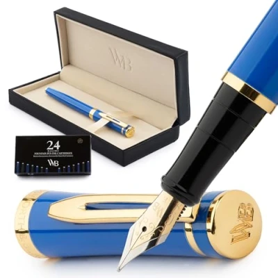 Image of Wordsworth &amp; Black Fountain Pen Set, 18K Gilded Fine Nib, Includes 24 Pack Ink Cartridges, Refill Converter Gift Box, Gold Finish, Calligraphy, [Imperial Blue], Perfect for Men Women