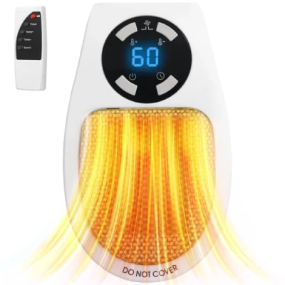 Image of Rainberg 400W Ceramic Plug Heater, Remote Wall Outlet Space Adjustable thermostat, 12 Hour Timer and LED Display, 2 Fan Speeds, 15 32C Temperature Control, Auto Shut Off