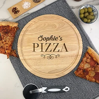 Image of eBuyGB Personalised Wooden Pizza Board, Pizzeria, Custom Name Engraved 30cm Chopping Serving Board Birthday Present, New Home