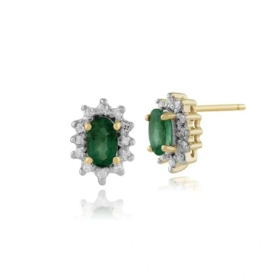 Image of Gemondo Women 375 Gold 9ct Yellow Oval Emerald &amp; Diamond Cluster Stud Earrings Green
