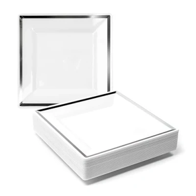 Image of MATANA 40 Premium White Square Plastic Dessert Plates with Silver Rim, 16.5cm / 6.5 Inch Reusable Small Side Plates, Starter for Weddings, Birthdays, Picnic, BBQ, Parties
