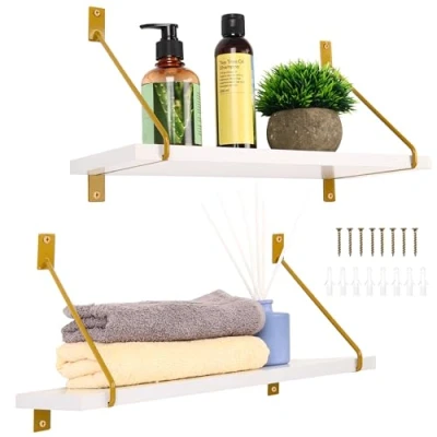 Image of BELLE VOUS 2 Pack of White Floating Wooden Wall Shelves 40cm/15.75 Inches Decorative Storage Modern Mounted Shelf Set for Home Bathroom, Living Room, Bedroom, Kitchen or Office
