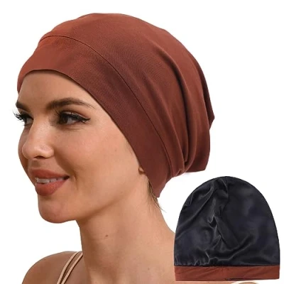 Image of Hat Hut 100% Mulberry Silk Lined Sleep Cap Pure Bonnet for Curly Hair Wrap Sleeping Slouchy Beanie (Titian RED)