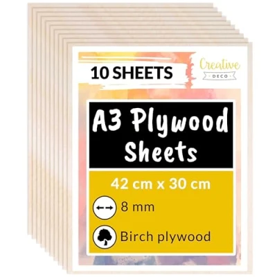 Image of Creative Deco 10 x A3 Birch Plywood Sheets 420 300 8mm Baltic Wood Ply Perfect Board for DIY Home Decor, Arts, Craft, Painting, Laser Cutting, CNC, Scroll Saw, Stenciling Pyrography