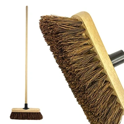 Image of LSC 10 Broom Outdoor Yard Stiff Sweeping Brush with Wooden Handle Natural Bassine Hard Bristles Garden Brooms for Cleaning Gardens Yards Driveways Warehouse (PACK OF 1)