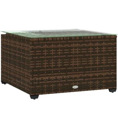 Image of Outsunny Outdoor Coffee Table, PE Rattan Side Table with Tempered Glass Top, Wicker Square Garden End Steel Frame for Patio, Balcony, 60 x 62 38cm, Brown