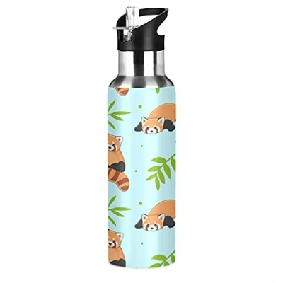 Image of JUMBEAR Cartoon Red Panda and Bamboo Water Bottle Acuum Insulated Stainless Steel Leakproof Wide Mouth with Straw Lid for Fitness Gym Outdoor Sports 22OZ