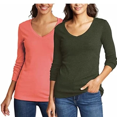 Image of Eddie Bauer Women&#039;s Long Sleeve V Neck 2 Pack T Shirts, Olive Rose, X Large