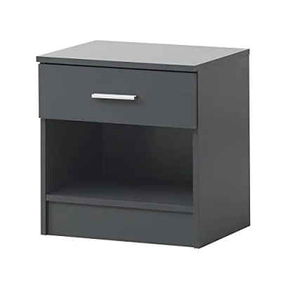 Image of Timber Art Design UK Rio Costa Bedside Cabinet Home Office Bedroom Furniture Aesthetic Nightstand Table 1 Drawer with Metal Handle, Dark Grey H 47 x W 45 D 35 cm