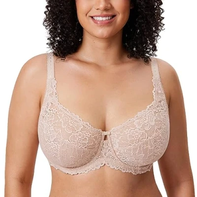 Image of Delimira Women&#039;s Plus Size Bra Full Coverage Minimiser Non Padded Lace Underwired Bras Beige 38E