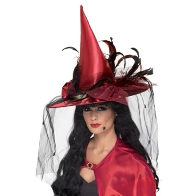 Image of Smiffys Witch Hat, Deep Red with Net &amp; Feathers, Deluxe, Halloween Fancy Dress Accessory, Up Hats