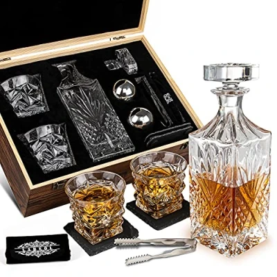 Image of Whiskey Stones Gift Sets for Men Whisky Glasses Set 2 Reusable Stainless Steel Ball Crystal Glass 1 Decanter Slate Coasters Best Gifts