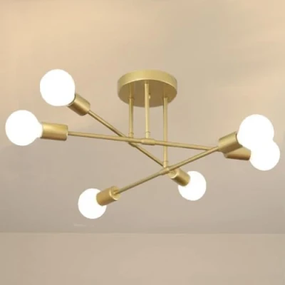 Image of JUDU Modern Sputnik Chandelier 6 Light Semi Flush Mount Ceiling Pendant Lighting Golden Industrial Fixture for Living Room Dining Bedroom Kitchen (Gold)