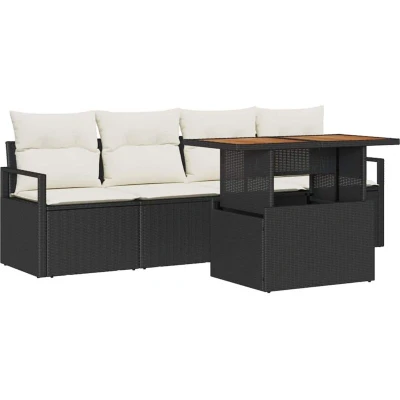 Image of vidaXL 5 Piece Garden Sofa Set with Cushions Black Poly Rattan Acacia