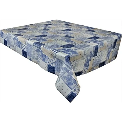 Image of Linen702 Vinyl Pvc Tablecloth Blue Floral Patchwork 1.5 metres (150x137cm) 4 Seater Size square Table, Wipe Clean, Textile Backed plastic table cloth (230)