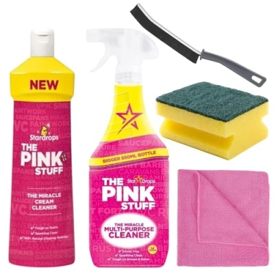 Image of Pink Stuff Multi Purpose Cleaner Spray 850ml &amp; Miracle Cream 500ml Bundled with Crevice Grout Gap Brush, Cloth Sponge For Household, Kitchen, Bathroom Cleaning